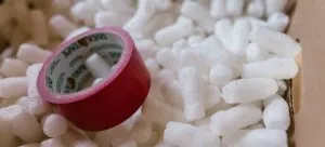 Packing peanuts in a cardboard box.