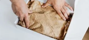 A person putting a packing paper inside the box.